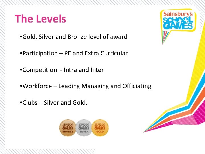 The Levels • Gold, Silver and Bronze level of award • Participation – PE