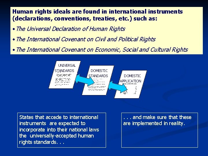 Human rights ideals are found in international instruments (declarations, conventions, treaties, etc. ) such
