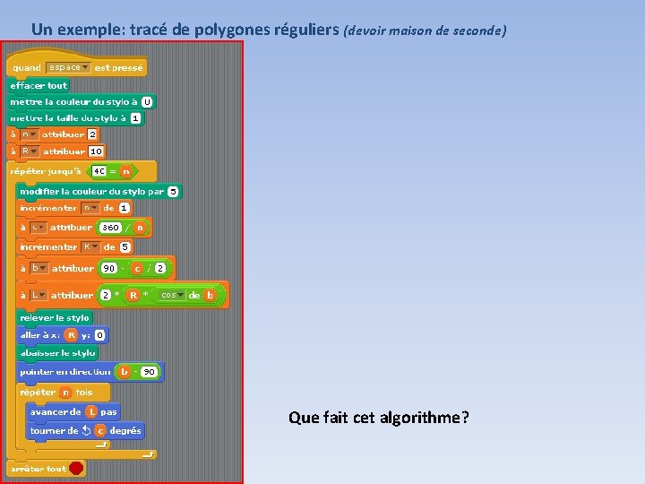 Un exemple: tracé de polygones réguliers (devoir maison de seconde) Que fait cet algorithme?