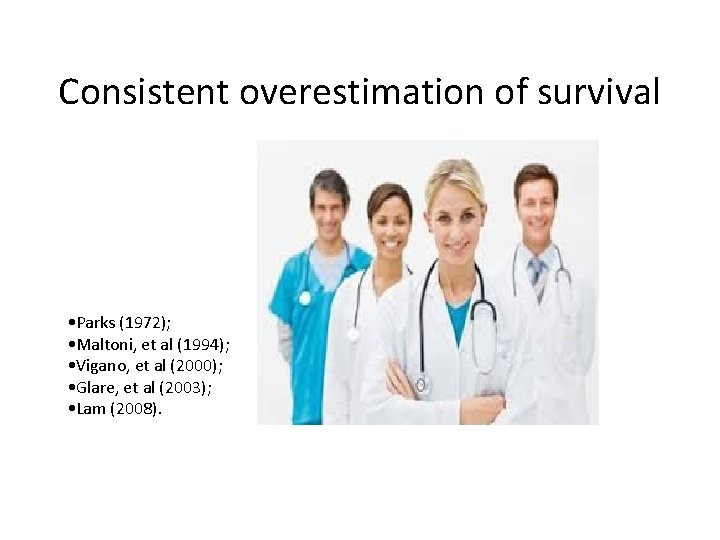 Consistent overestimation of survival • Parks (1972); • Maltoni, et al (1994); • Vigano,