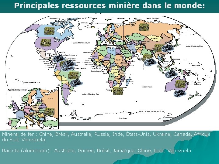 Principales ressources minière dans le monde: Minerai de fer : Chine, Brésil, Australie, Russie,