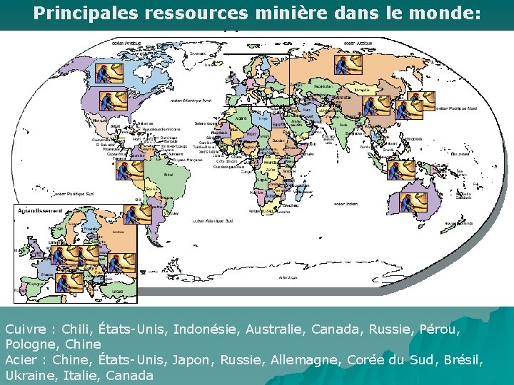 Principales ressources minière dans le monde: Cuivre : Chili, États-Unis, Indonésie, Australie, Canada, Russie,