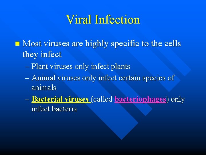 Viral Infection n Most viruses are highly specific to the cells they infect –