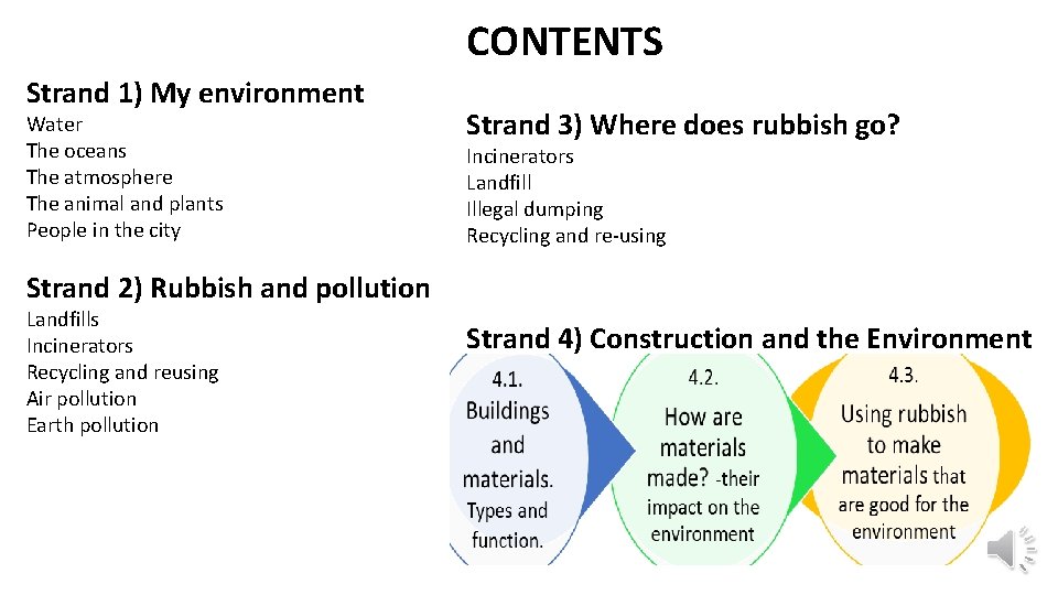 CONTENTS Strand 1) My environment Water The oceans The atmosphere The animal and plants CONTENTS Strand 1) My environment Water The oceans The atmosphere The animal and plants
