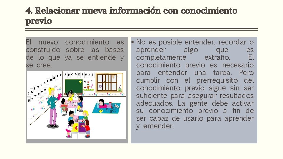 4. Relacionar nueva información conocimiento previo El nuevo conocimiento es construido sobre las bases