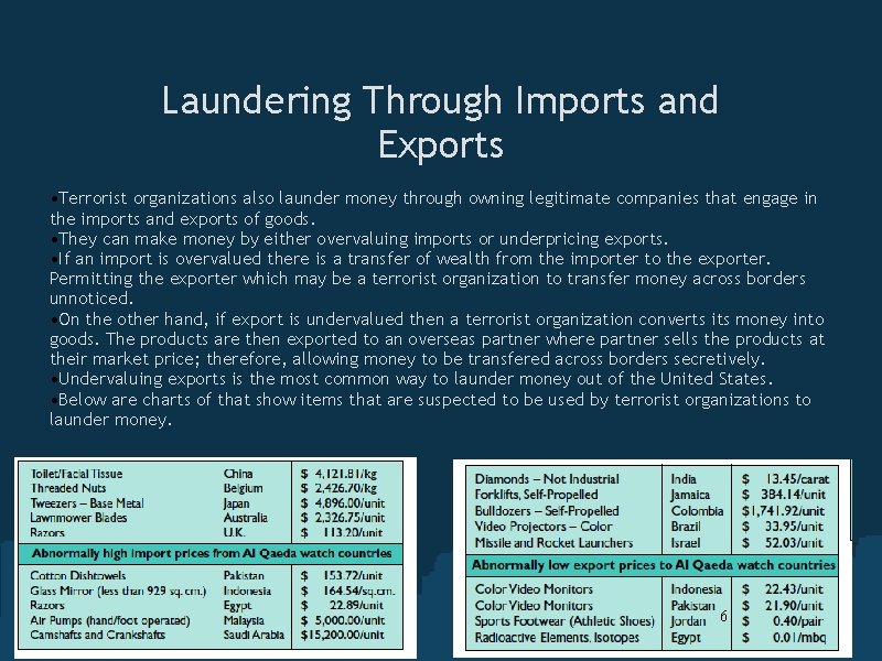 Laundering Through Imports and Exports • Terrorist organizations also launder money through owning legitimate