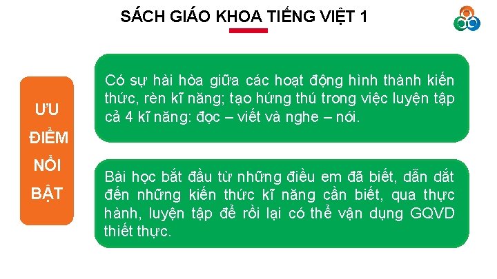 SÁCH GIÁO KHOA TIẾNG VIỆT 1 ƯU Có sự hài hòa giữa các hoạt