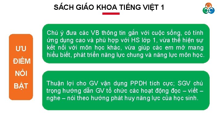 SÁCH GIÁO KHOA TIẾNG VIỆT 1 ƯU ĐIỂM Chú ý đưa các VB thông