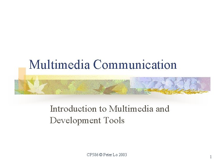 Multimedia Communication Introduction to Multimedia and Development Tools CP 586 © Peter Lo 2003