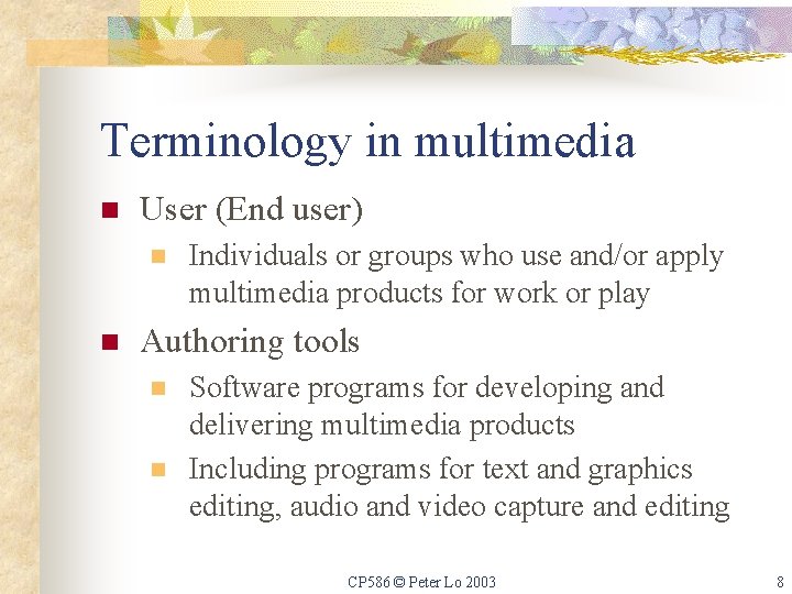 Terminology in multimedia n User (End user) n n Individuals or groups who use