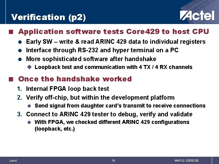 Verification (p 2) < Application software tests Core 429 to host CPU = Early