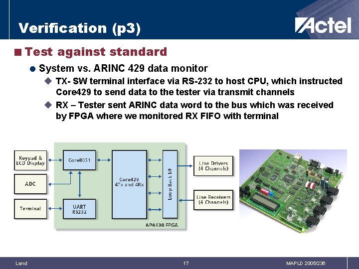 Verification (p 3) <Test against standard = System vs. ARINC 429 data monitor u