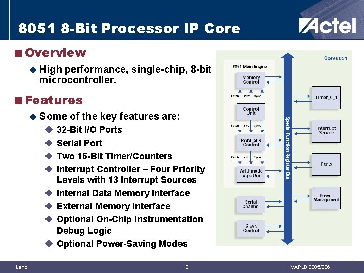 8051 8 -Bit Processor IP Core <Overview = High performance, single-chip, 8 -bit microcontroller.