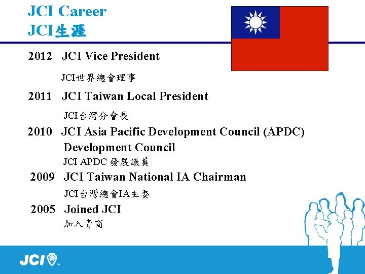 JCI Career JCI生涯 2012 JCI Vice President JCI世界總會理事 2011 JCI Taiwan Local President JCI台灣分會長