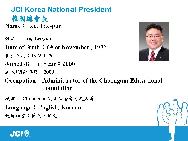 JCI Korea National President 韓國總會長 Name：Lee, Tae-gun 姓名： Lee, Tae-gun Date of Birth： 6