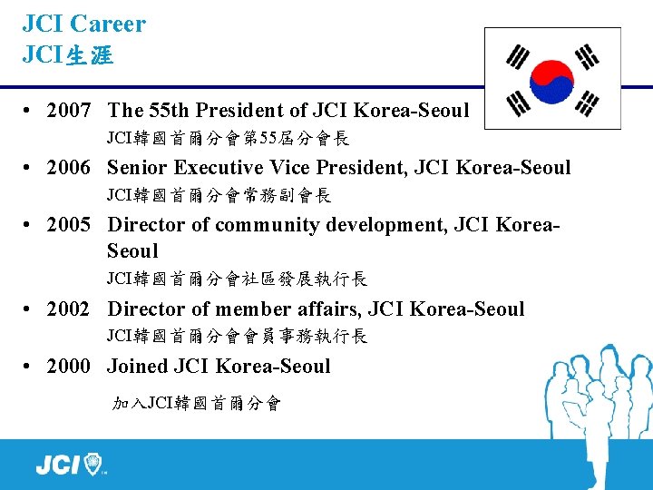 JCI Career JCI生涯 • 2007 The 55 th President of JCI Korea-Seoul JCI韓國首爾分會第 55屆分會長