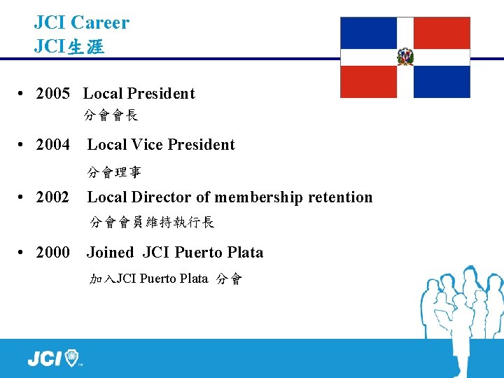 JCI Career JCI生涯 • 2005 Local President 分會會長 • 2004 Local Vice President 分會理事