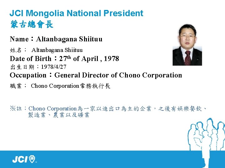 JCI Mongolia National President 蒙古總會長 Name：Altanbagana Shiituu 姓名： Altanbagana Shiituu Date of Birth： 27