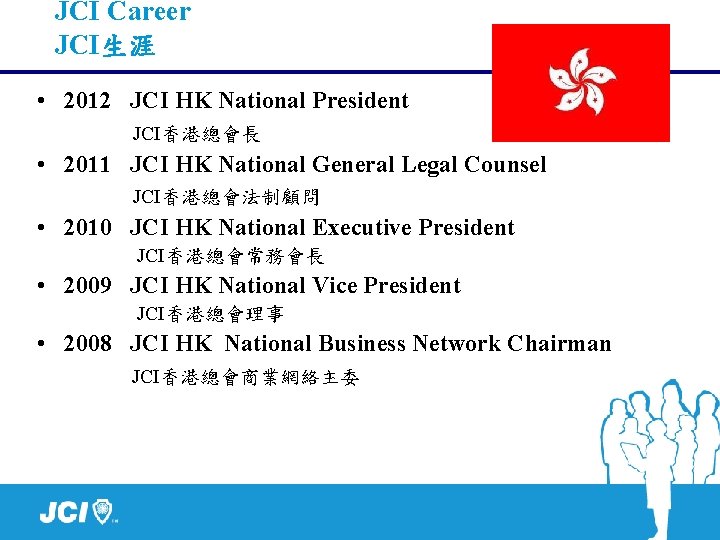 JCI Career JCI生涯 • 2012 JCI HK National President JCI香港總會長 • 2011 JCI HK