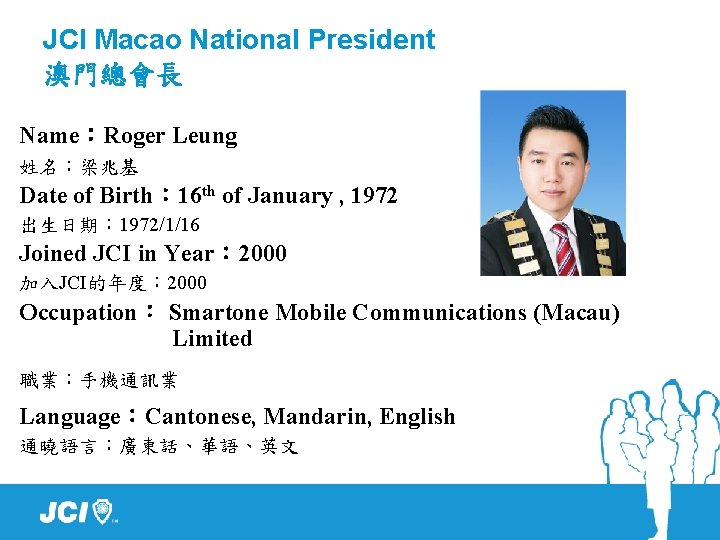 JCI Macao National President 澳門總會長 Name：Roger Leung 姓名：梁兆基 Date of Birth： 16 th of