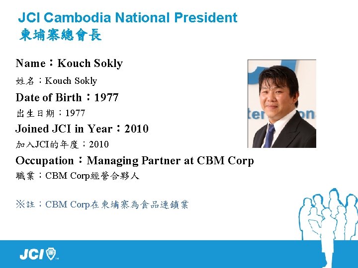 JCI Cambodia National President 柬埔寨總會長 Name：Kouch Sokly 姓名：Kouch Sokly Date of Birth： 1977 出生日期：