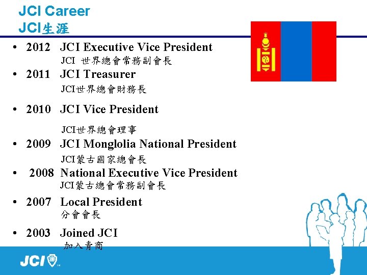 JCI Career JCI生涯 • 2012 JCI Executive Vice President JCI 世界總會常務副會長 • 2011 JCI