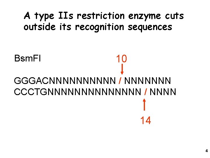 A type IIs restriction enzyme cuts outside its recognition sequences Bsm. FI 10 GGGACNNNNN