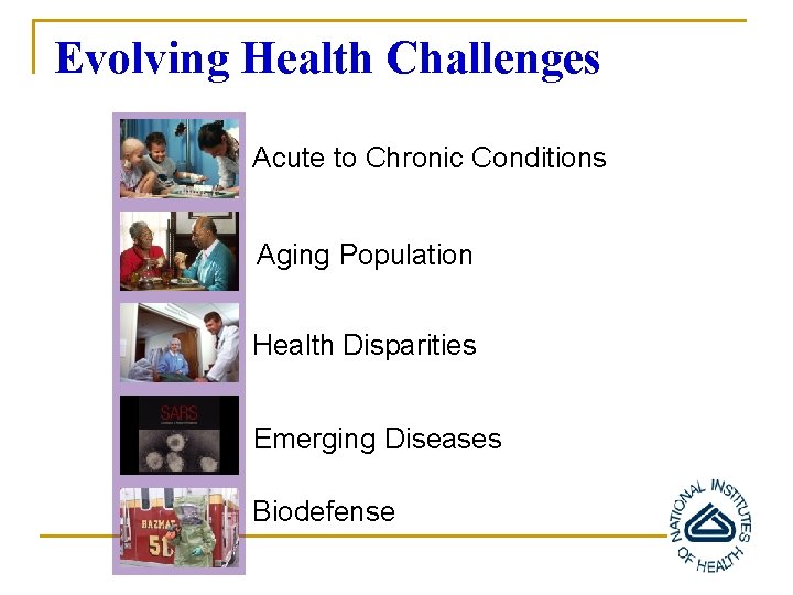 Evolving Health Challenges Acute to Chronic Conditions Aging Population Health Disparities Emerging Diseases Biodefense