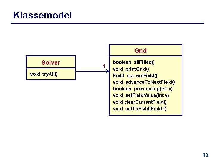 Klassemodel Grid Solver void try. All() 1 boolean all. Filled() void print. Grid() Field