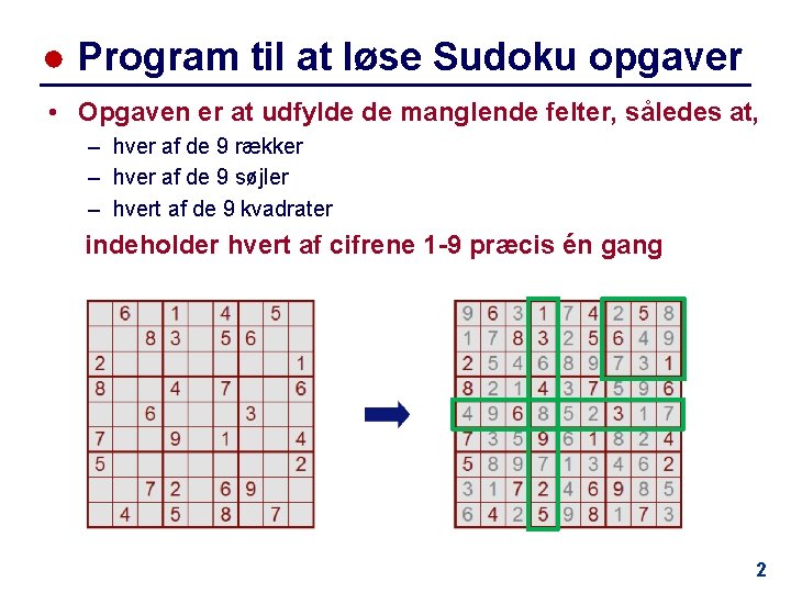 ● Program til at løse Sudoku opgaver • Opgaven er at udfylde de manglende