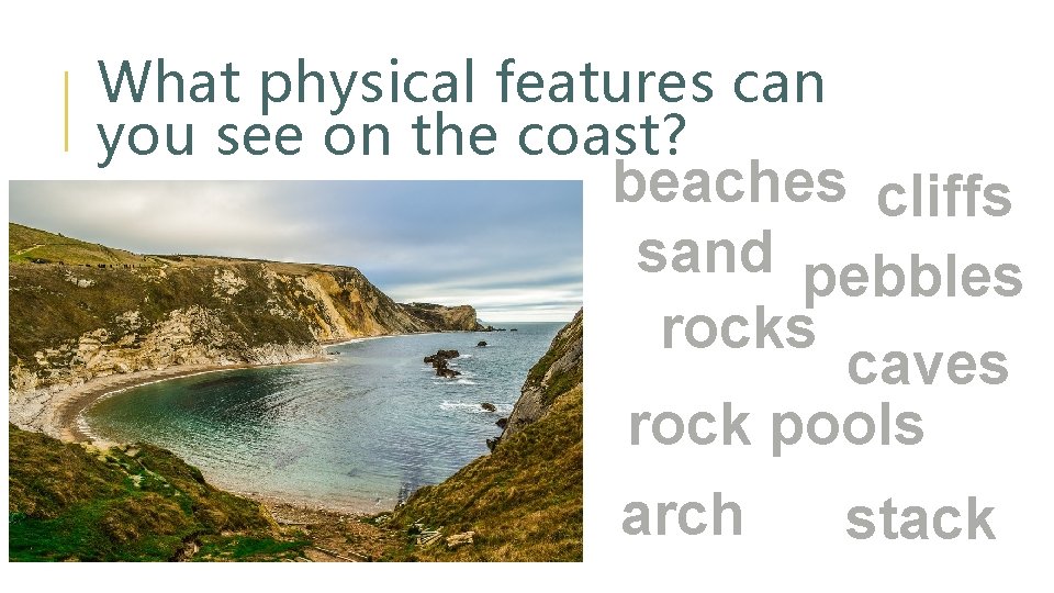 What physical features can you see on the coast? beaches cliffs sand pebbles rocks