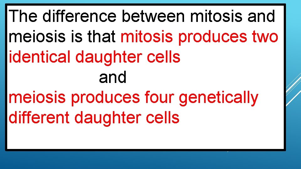 The difference between mitosis and meiosis is that mitosis produces two identical daughter cells
