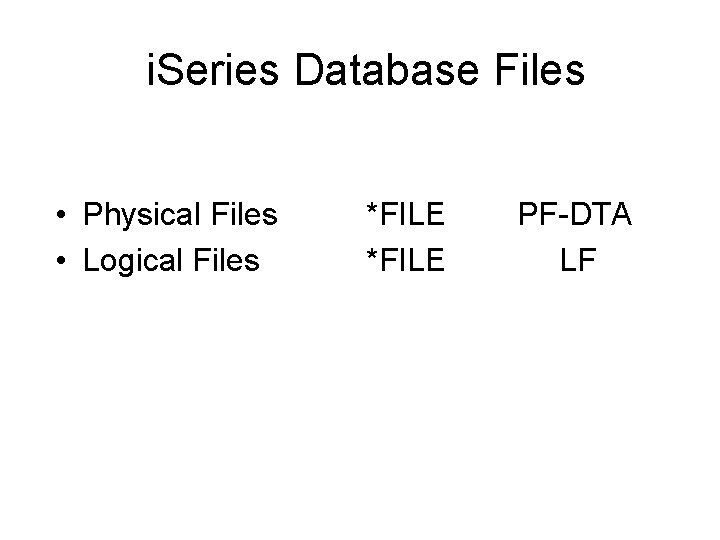 i. Series Database Files • Physical Files • Logical Files *FILE PF-DTA LF 