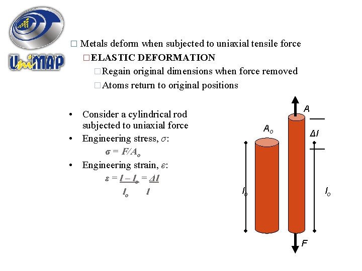 � Metals deform when subjected to uniaxial tensile force �ELASTIC DEFORMATION �Regain original dimensions