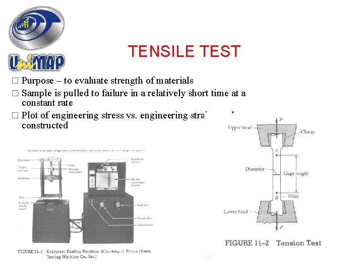 TENSILE TEST � Purpose – to evaluate strength of materials � Sample is pulled