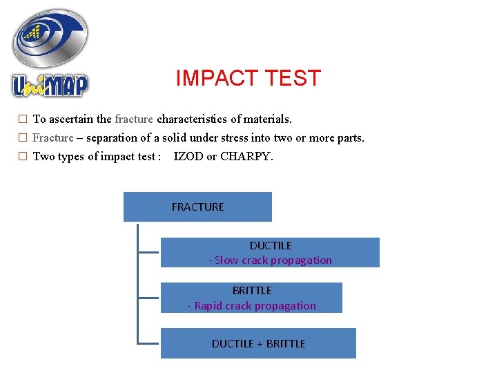 IMPACT TEST � To ascertain the fracture characteristics of materials. � Fracture – separation