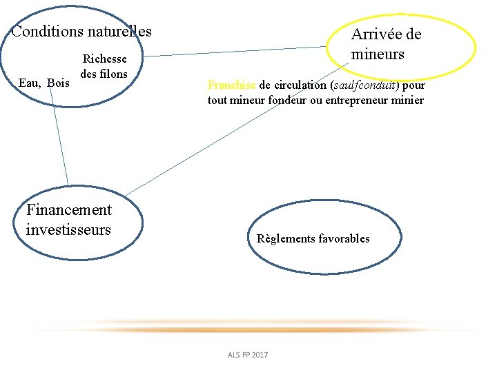 Conditions naturelles Eau, Bois Richesse des filons Financement investisseurs Arrivée de mineurs Franchise de