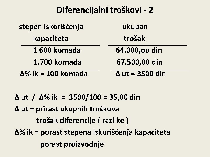 Diferencijalni troškovi - 2 stepen iskorišćenja kapaciteta 1. 600 komada 1. 700 komada ∆%