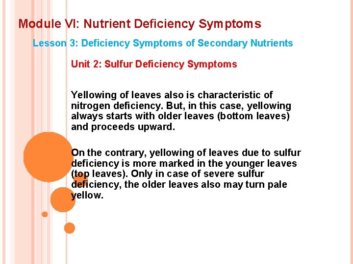 Module VI: Nutrient Deficiency Symptoms Lesson 3: Deficiency Symptoms of Secondary Nutrients Unit 2: