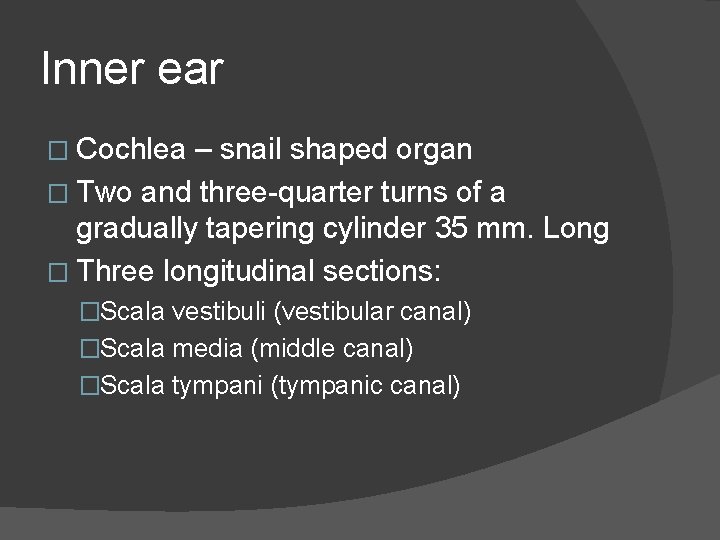 Inner ear � Cochlea – snail shaped organ � Two and three-quarter turns of