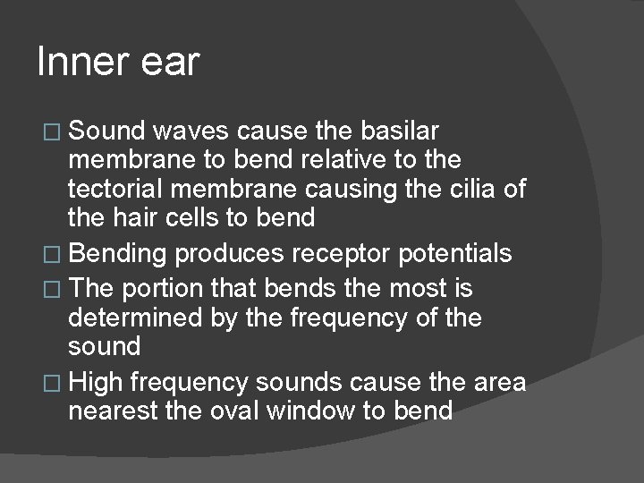 Inner ear � Sound waves cause the basilar membrane to bend relative to the