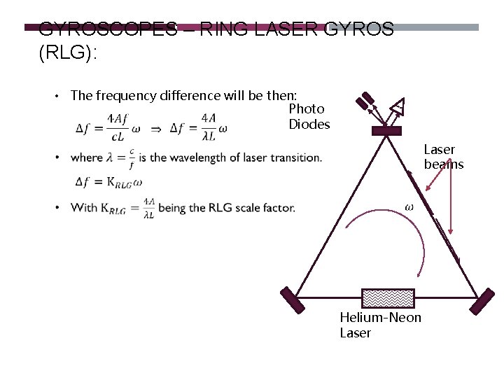 GYROSCOPES – RING LASER GYROS (RLG): • The frequency difference will be then: Photo GYROSCOPES – RING LASER GYROS (RLG): • The frequency difference will be then: Photo