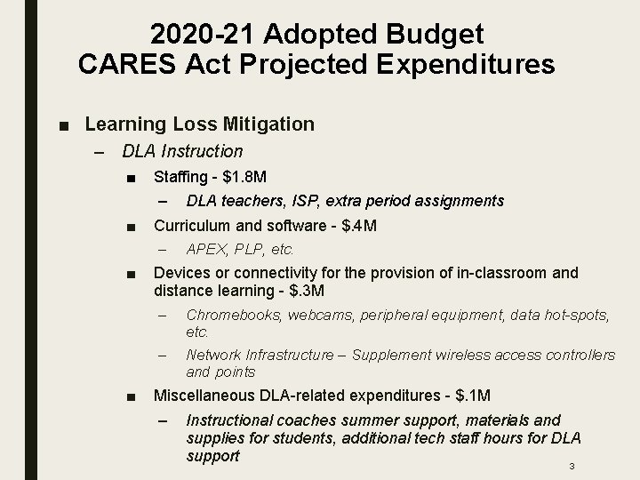 2020 -21 Adopted Budget CARES Act Projected Expenditures ■ Learning Loss Mitigation – DLA