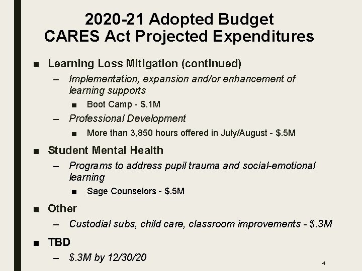 2020 -21 Adopted Budget CARES Act Projected Expenditures ■ Learning Loss Mitigation (continued) –