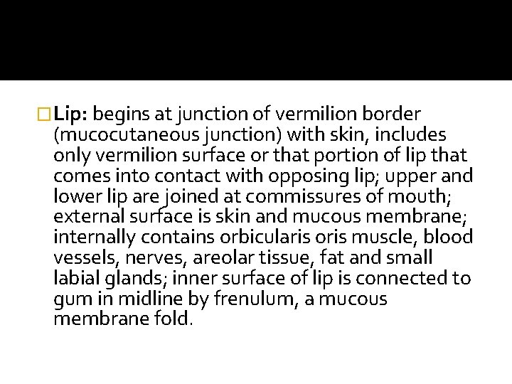 �Lip: begins at junction of vermilion border (mucocutaneous junction) with skin, includes only vermilion �Lip: begins at junction of vermilion border (mucocutaneous junction) with skin, includes only vermilion