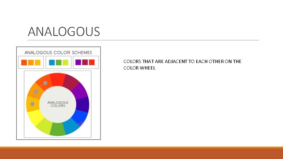 ANALOGOUS COLORS THAT ARE ADJACENT TO EACH OTHER ON THE COLOR WHEEL 