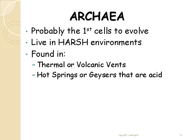 ARCHAEA Probably the 1 st cells to evolve • Live in HARSH environments • ARCHAEA Probably the 1 st cells to evolve • Live in HARSH environments •