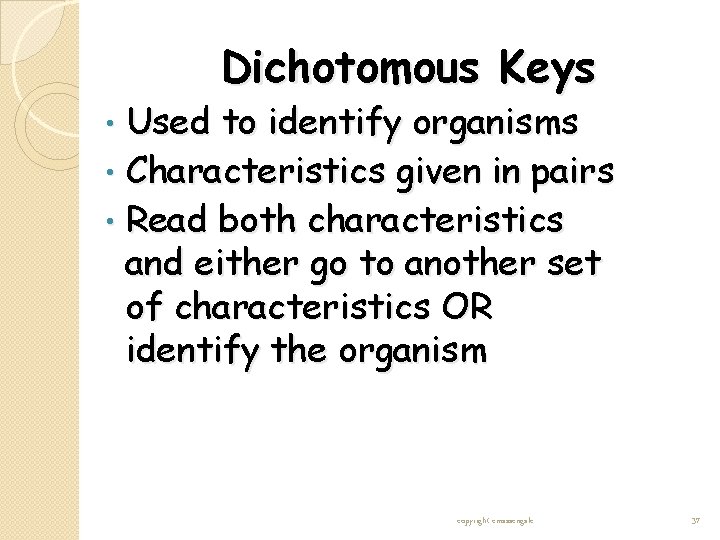 Dichotomous Keys Used to identify organisms • Characteristics given in pairs • Read both Dichotomous Keys Used to identify organisms • Characteristics given in pairs • Read both