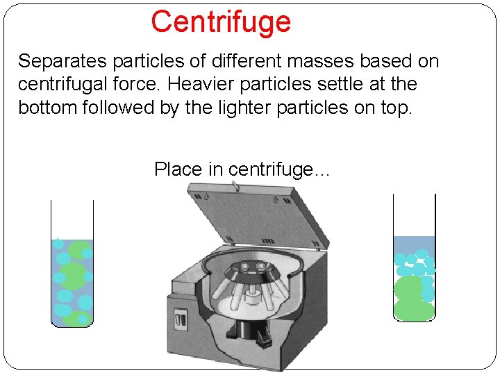 Centrifuge Separates particles of different masses based on centrifugal force. Heavier particles settle at