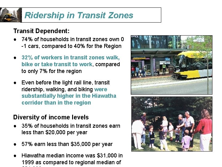 Ridership in Transit Zones Transit Dependent: ● 74% of households in transit zones own